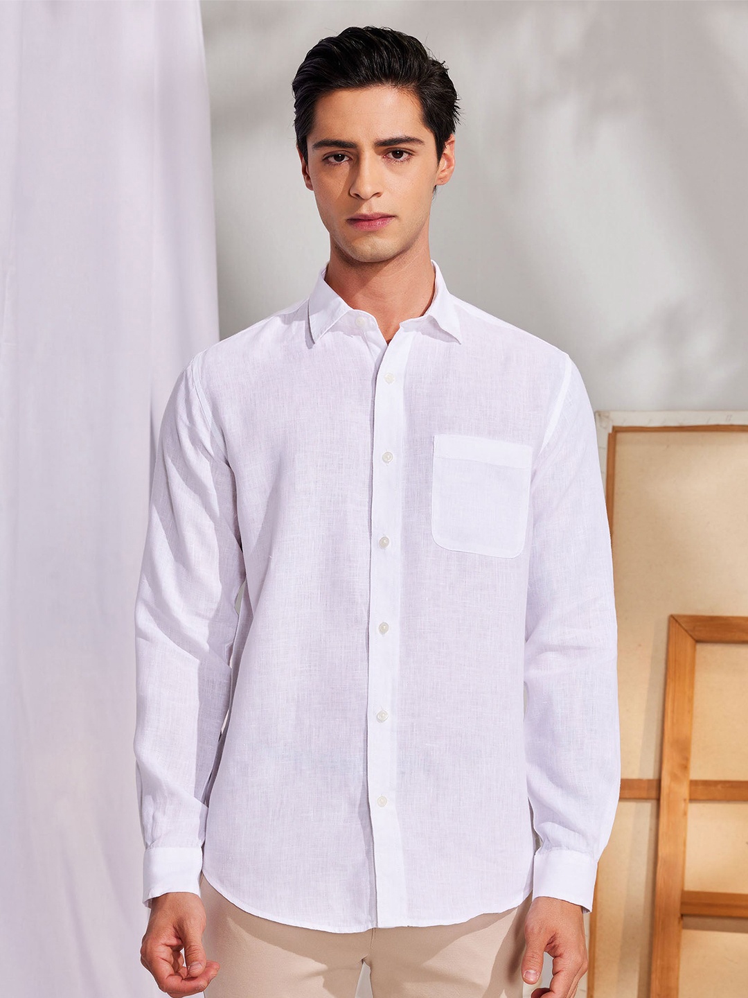 

Red Flame Spread Collar Linen Casual Shirt, White