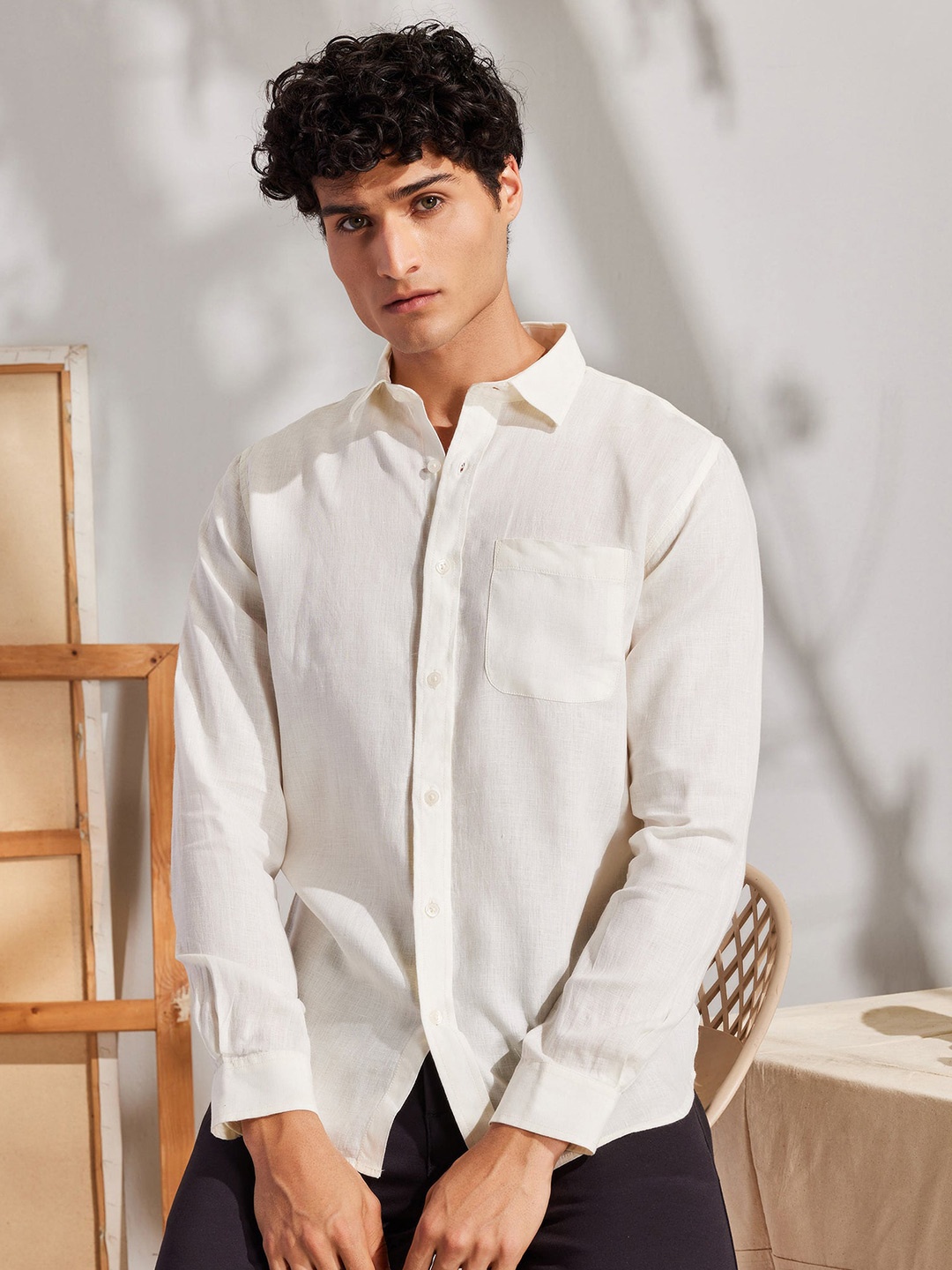 

Red Flame Spread Collar Casual Linen Shirt, Off white