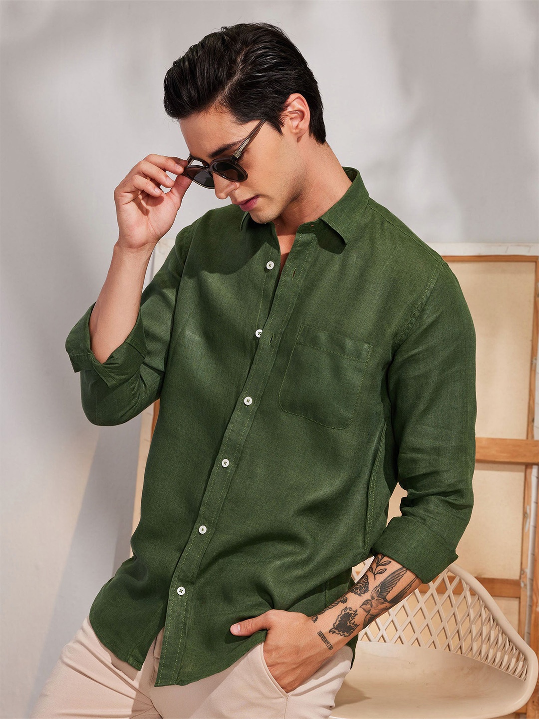 

Red Flame Long Sleeves Casual Linen Shirt, Olive