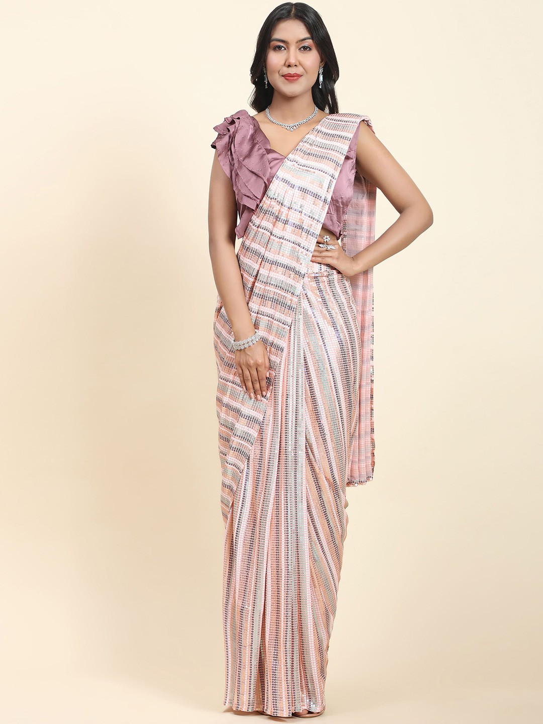 

AMOHA TRENDZ Embellished Sequinned Saree, Peach