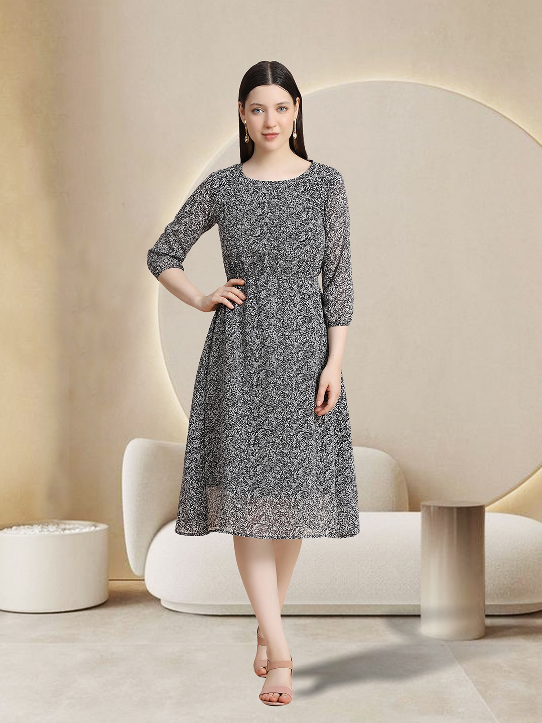 

TOOCHKI Round Neck Three Quarter Sleeves Floral Print Georgette A-Line Midi Dress, Black