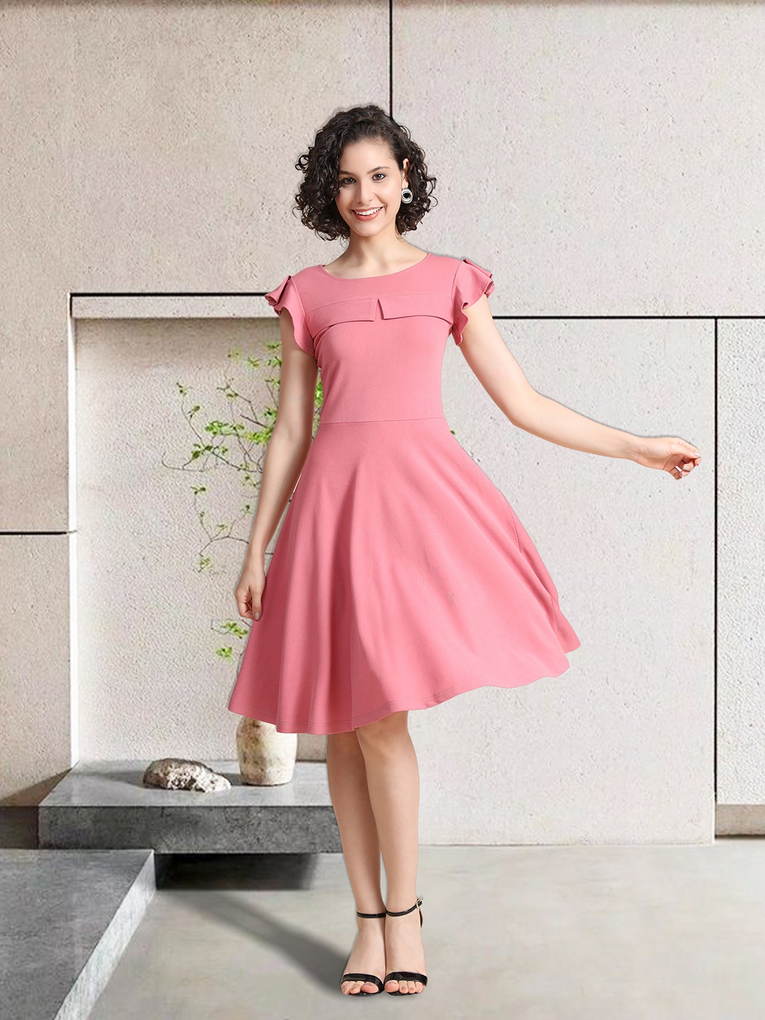 

TOOCHKI Round Neck Flutter Sleeves Fit & Flare Dress, Pink