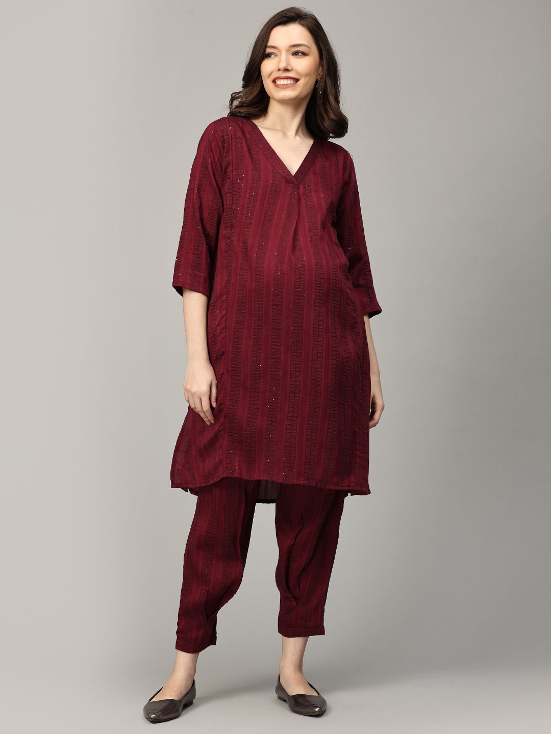 

The Mom Store Self Design Tunic & Trouser Ethnic Co-Ord Set, Burgundy