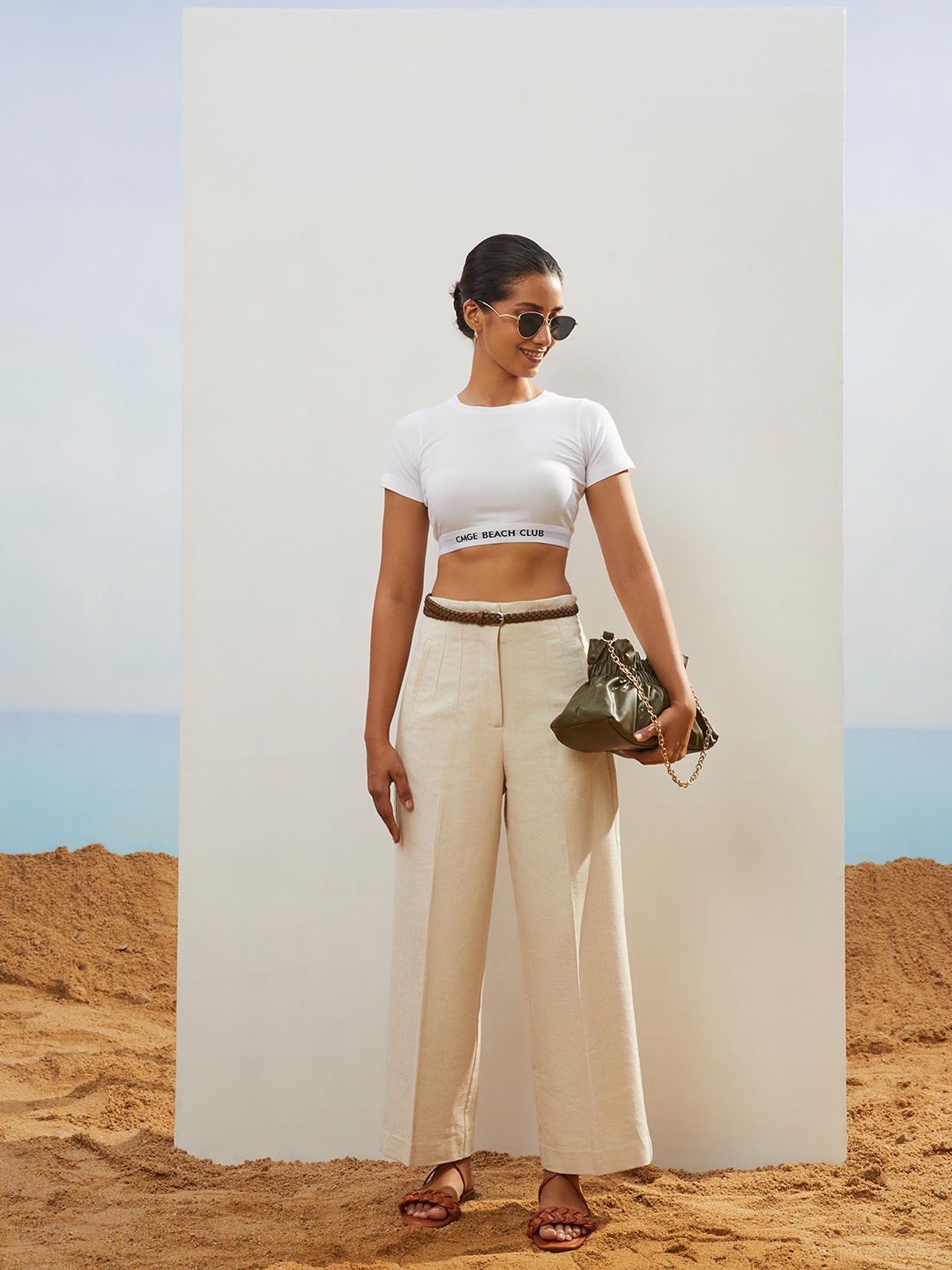 

CMGE Round Neck Cotton Fitted Crop Top, White