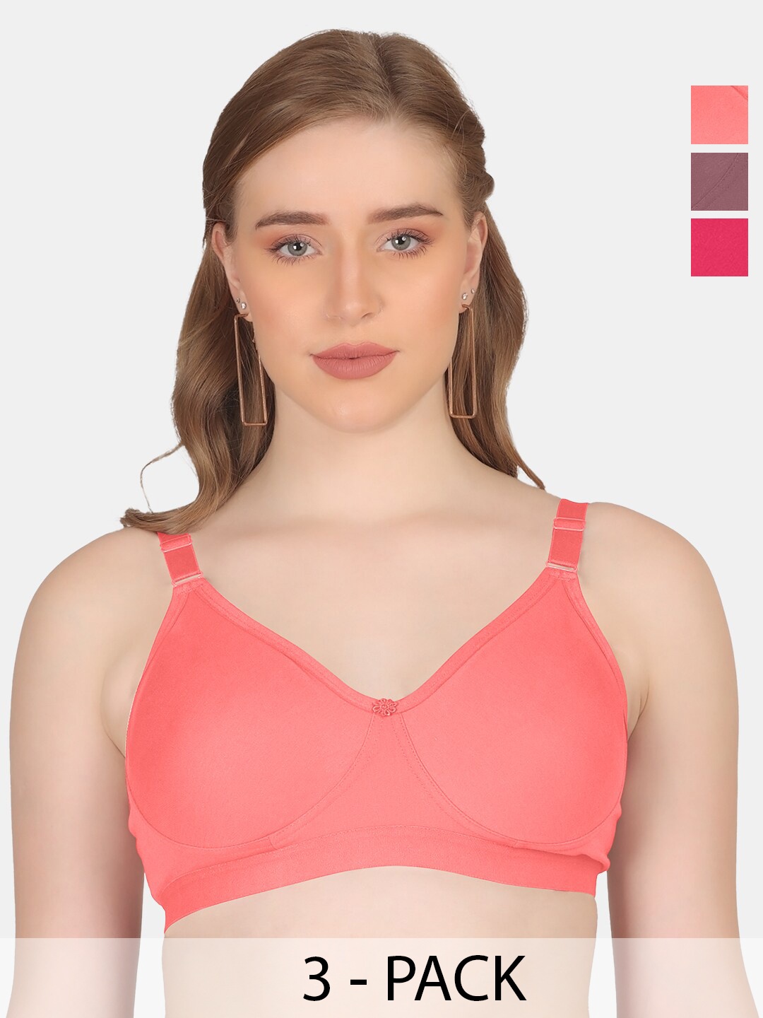 

POOJA RAGENEE Pack Of 3 Full Coverage Anti Odour All Day Comfort Cotton Everyday Bras, Coral