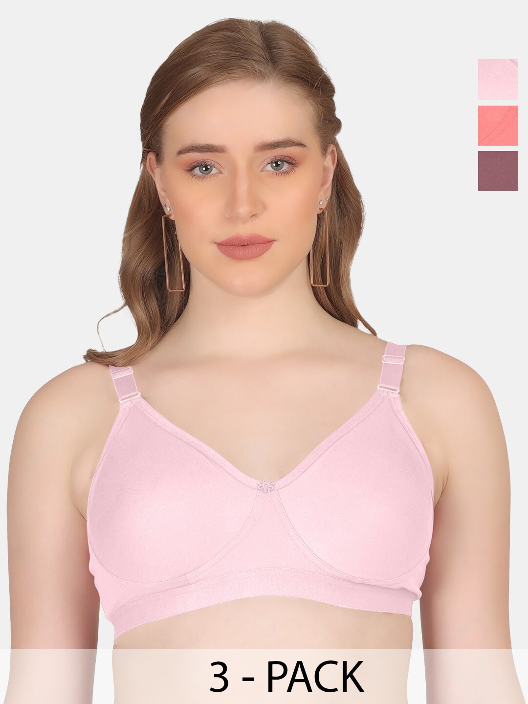 

POOJA RAGENEE Pack Of 3 Full Coverage Anti Odour All Day Comfort Cotton Everyday Bras, Pink