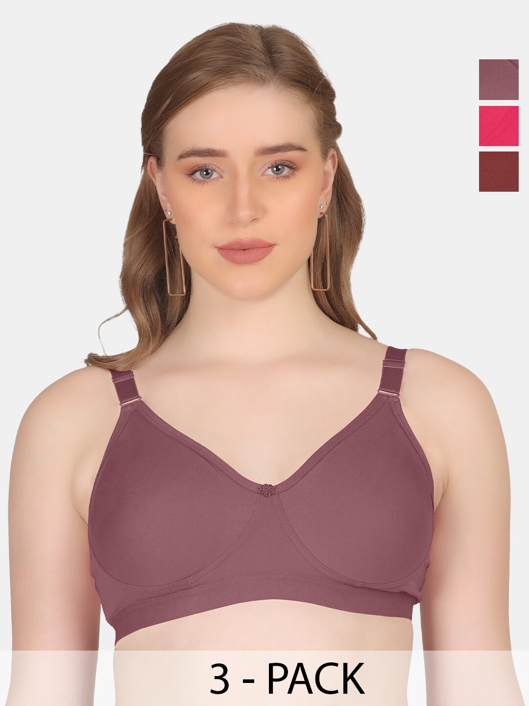 

POOJA RAGENEE Pack Of 3 Everyday Cotton Bra Full Coverage Non Padded All Day Comfort, Mauve