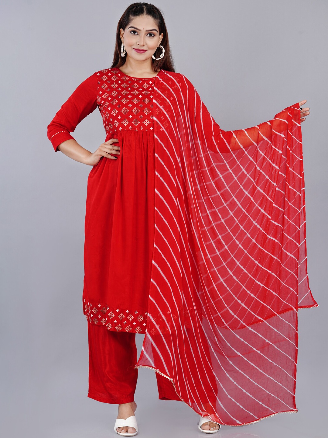 

BAESD Women Floral Yoke Design Regular Kurta with Trousers & With Dupatta, Red