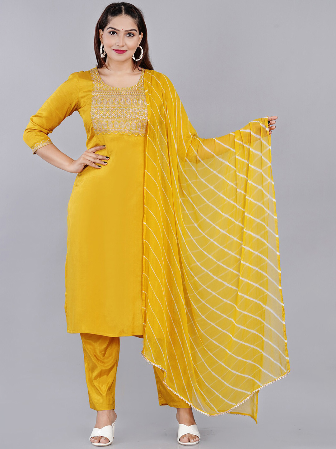

BAESD Floral Embroidered Straight Kurta With Trouser & Dupatta, Yellow