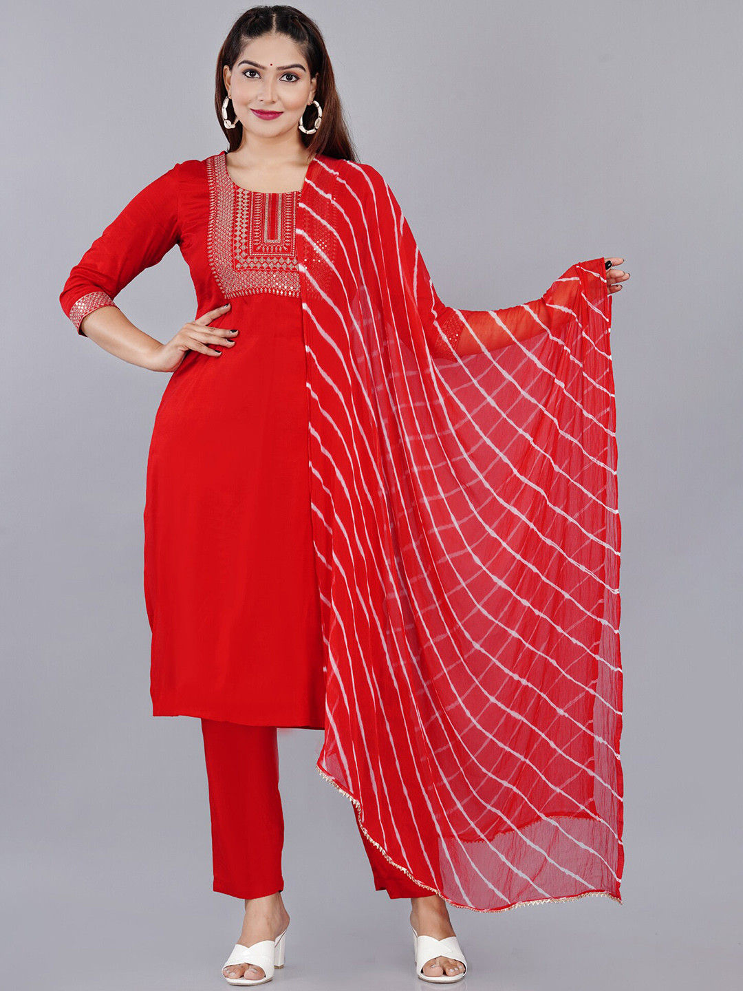 

BAESD Ethnic Motifs Embroidered Round Neck Sequinned Straight Kurta Trousers & Dupatta, Red