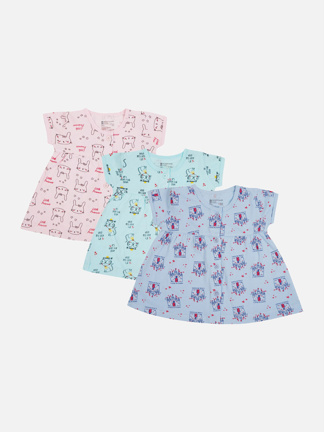 

Bodycare Girls Pack Of 3 Printed Cotton Round Neck Cap Sleeves Opaque A-Line Dress, Green
