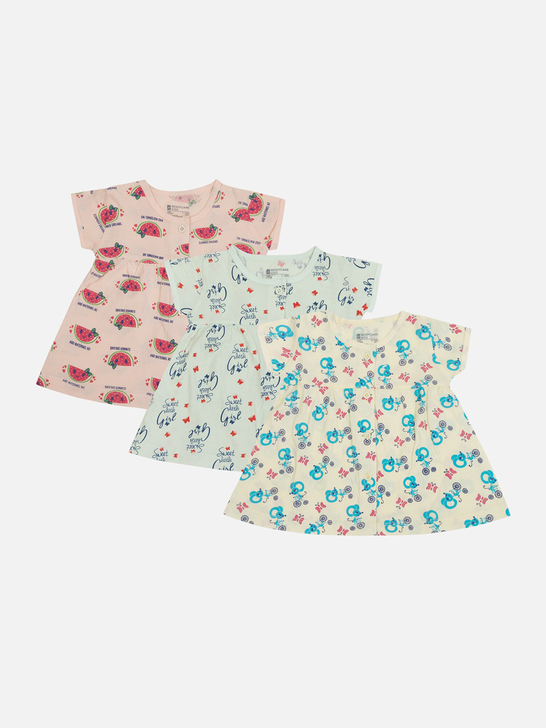 

Bodycare Kids Pack Of 3 Floral Printed Cotton Flared Cold-Shoulder A-Line Dress, Assorted