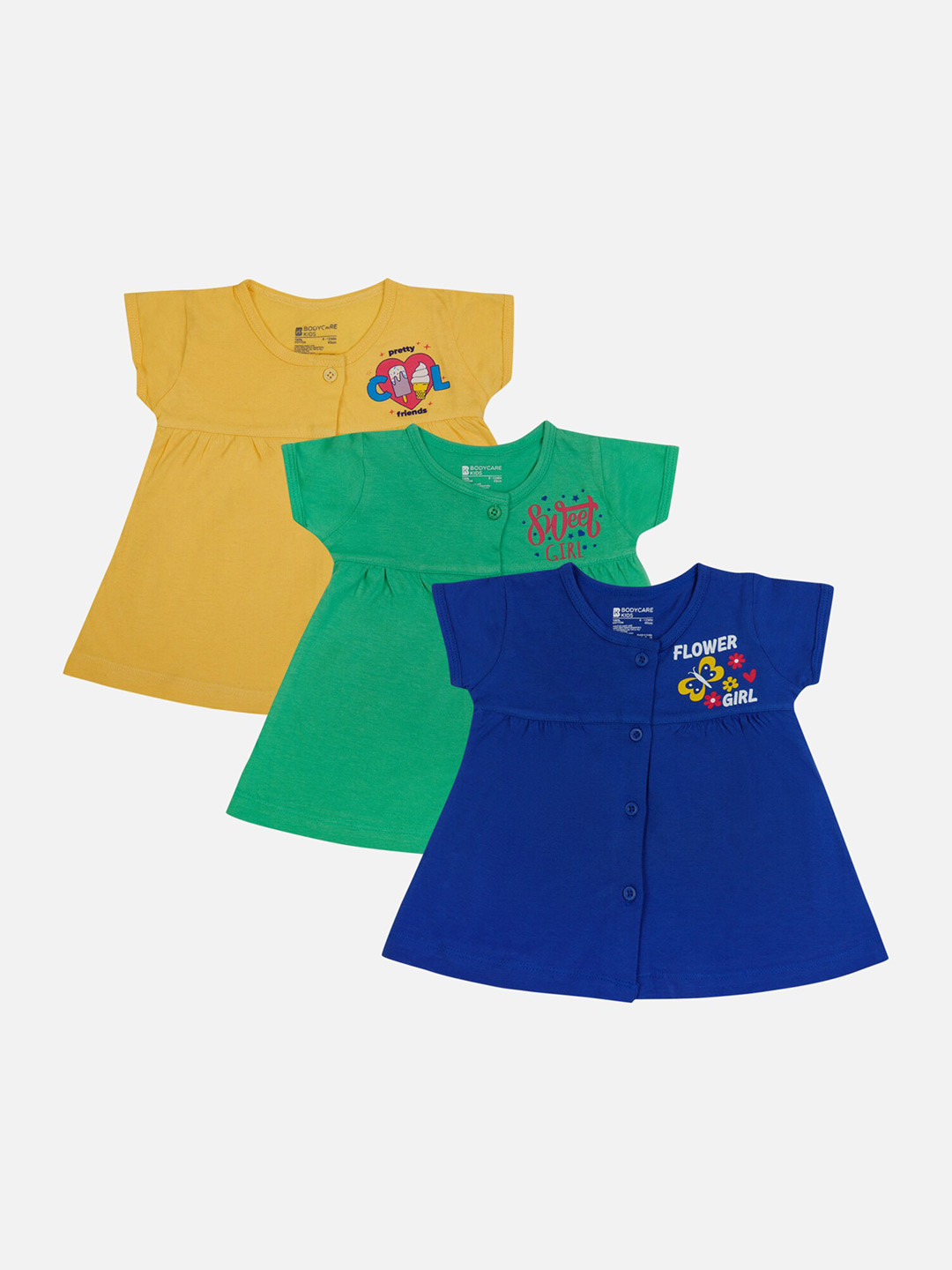 

Bodycare Girls Pack Of 3 Cotton Round Neck Cap Sleeves Opaque A-Line Dress, Yellow