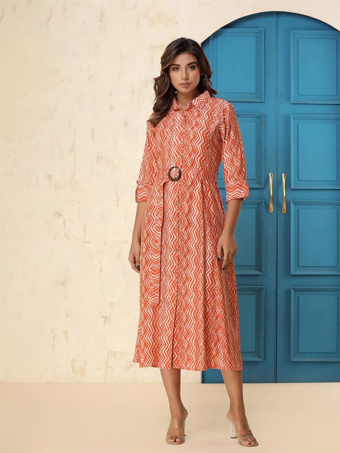 

FASHION DWAR The Wavy Midi Geometric Printed Cotton Shirt Style Midi Dress, Red