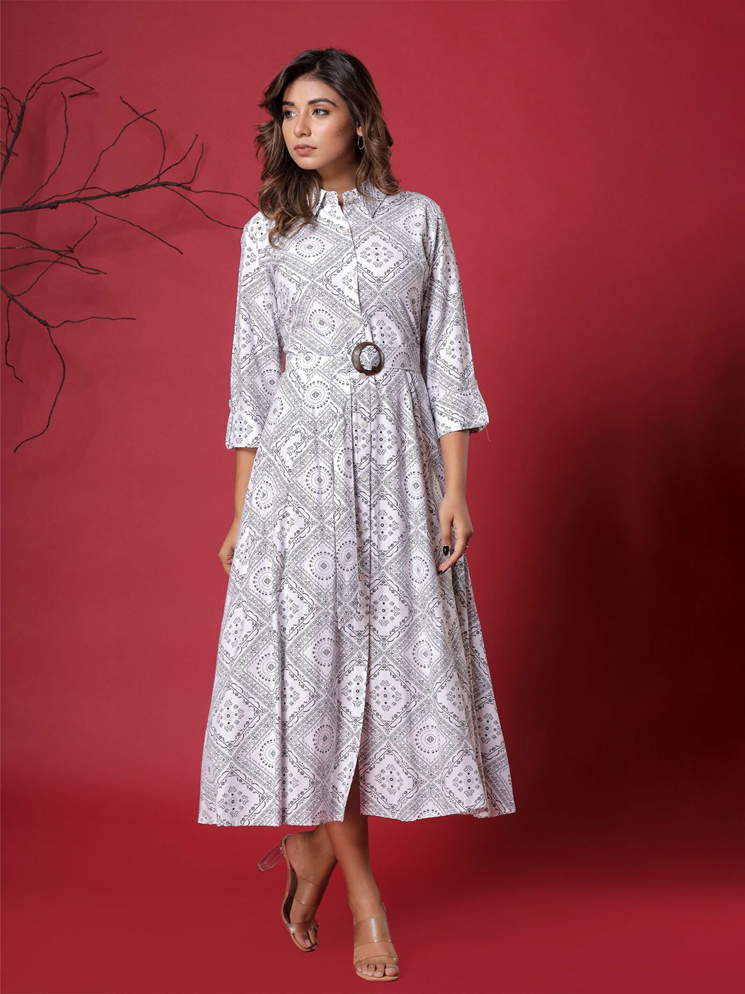 

FASHION DWAR The Smooth Midi Ethnic Motifs Printed Shirt Style Midi Dress, White