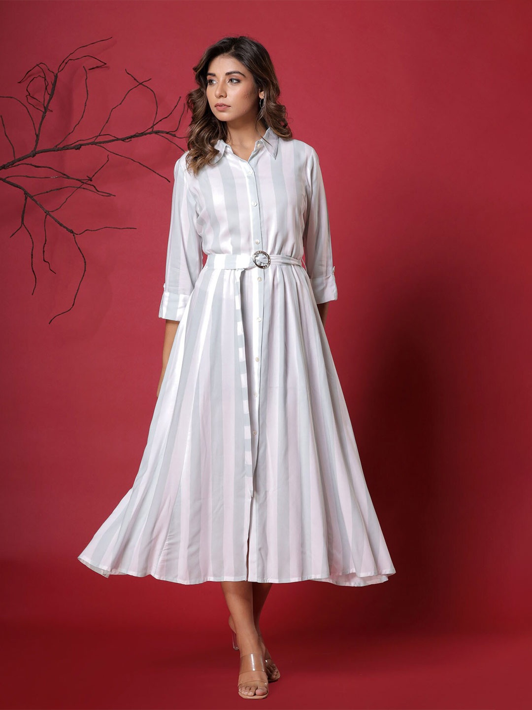 

FASHION DWAR Striped Shirt Style Midi Dress, White