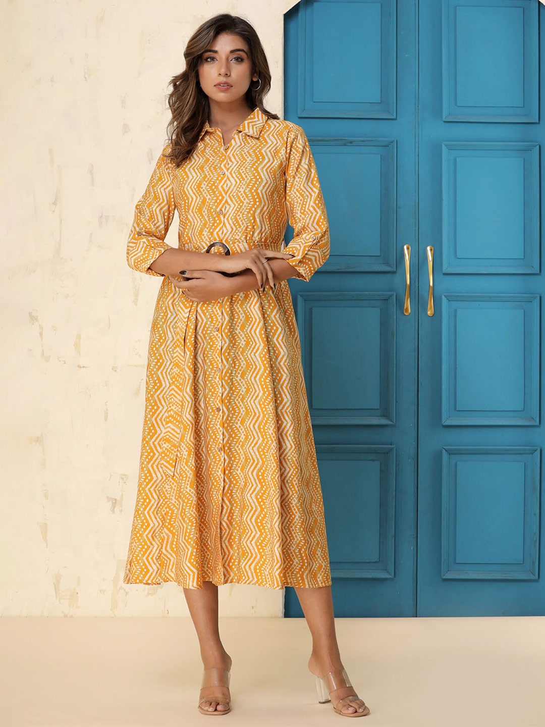 

FASHION DWAR Geometric Printed Cotton Shirt Style Midi Dress, Yellow