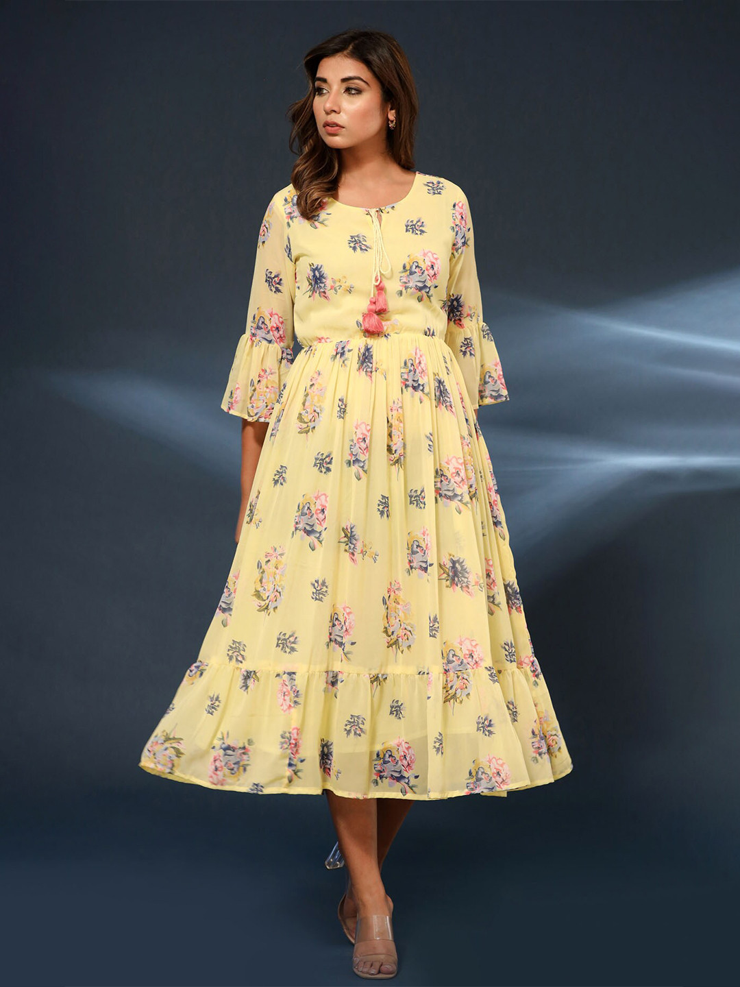 

FASHION DWAR Floral Printed Bell Sleeve Georgette Fit & Flare Midi Dress, Yellow