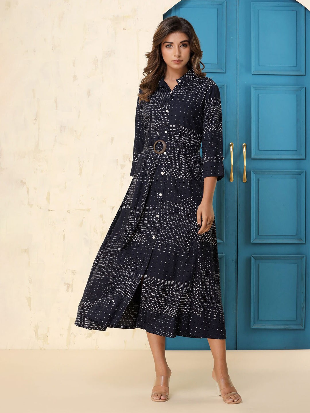 

FASHION DWAR Abstract Printed Shirt Style Belted Midi Dress, Black