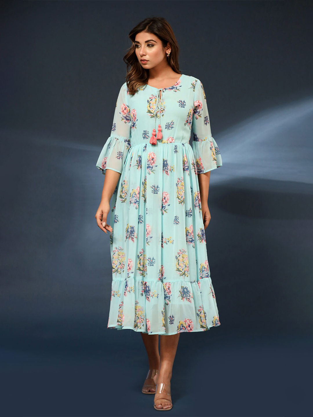 

FASHION DWAR Floral Printed Bell Sleeve Georgette Fit & Flare Midi Dress, Blue