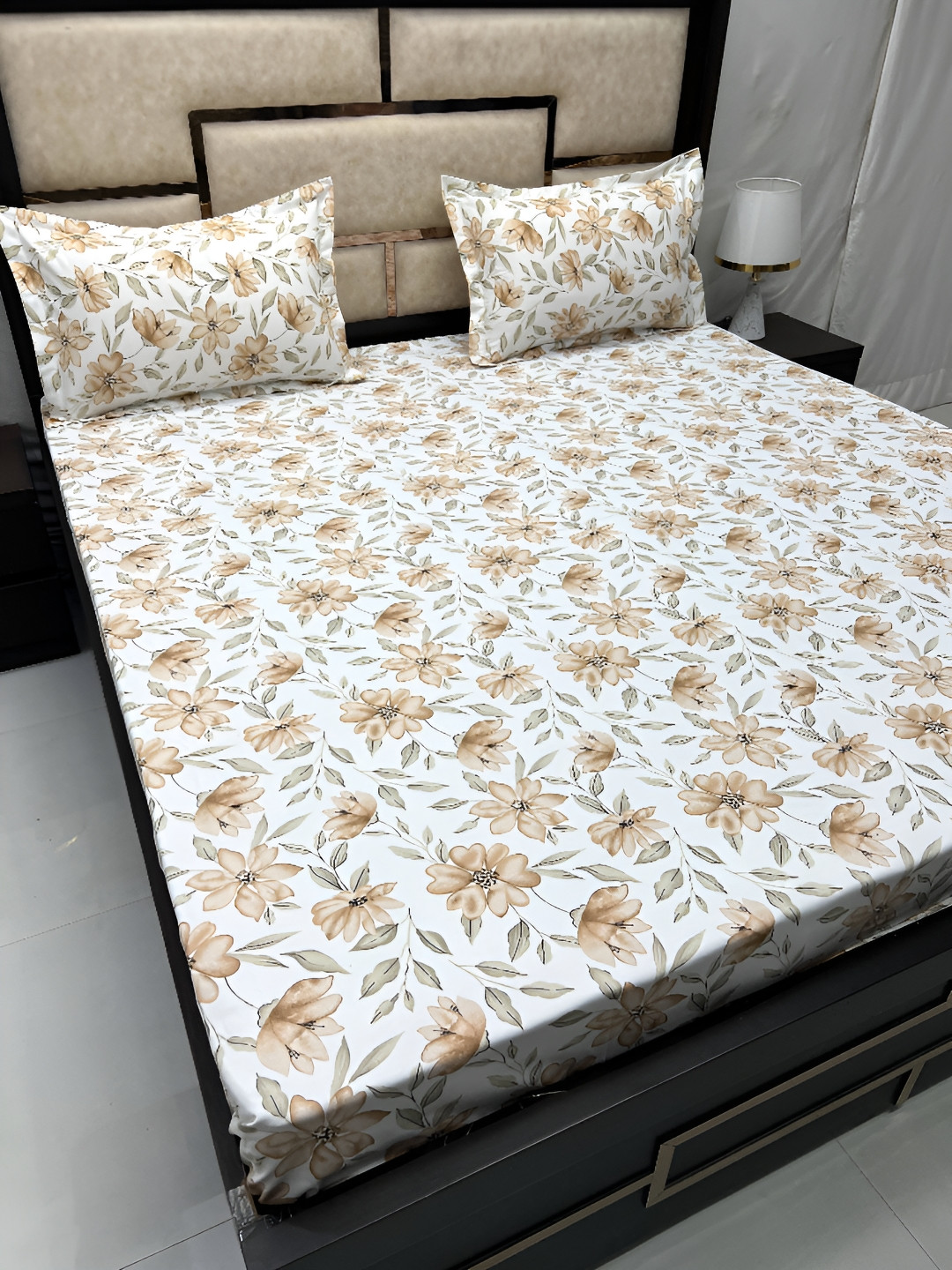 

Pure Decor Passion White & Brown Floral Cotton 250 TC Queen Bedsheet With 2 Pillow Covers