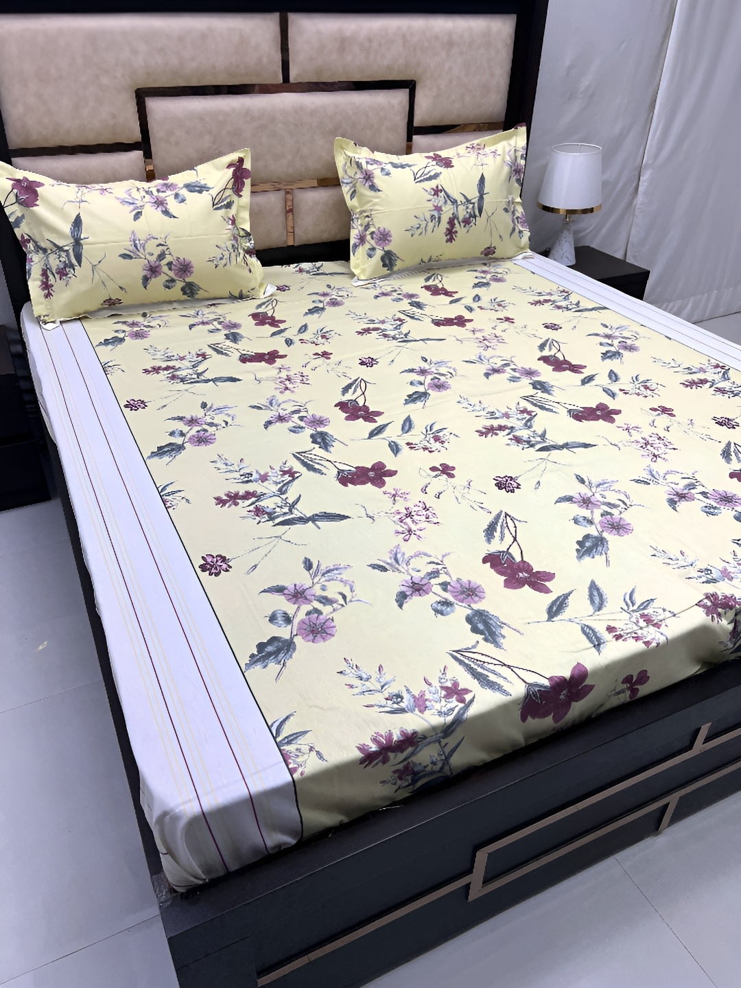 Pure Decor Yellow & Purple Floral Printed Cotton 350 TC King Bedsheet with 2 Pillow Covers