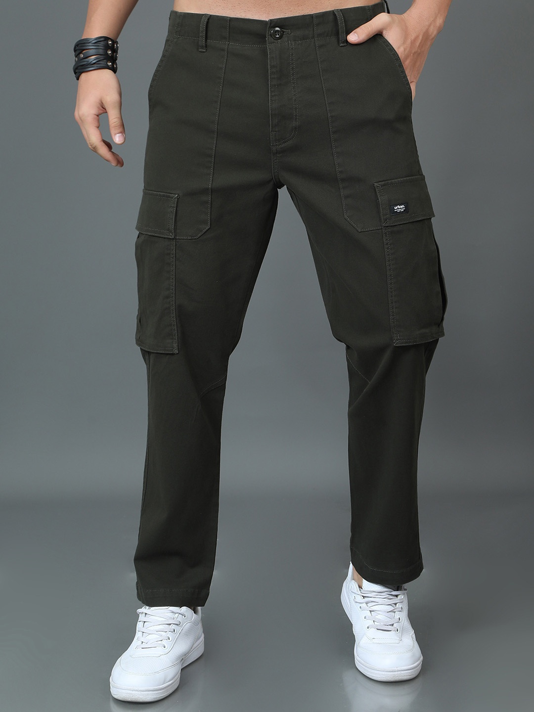 

HERE&NOW Men Slim Fit Cotton Cargos Trousers, Olive