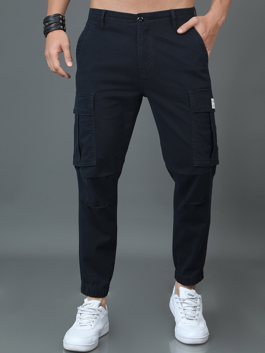 

HERE&NOW Men Slim Fit Cotton Cargos Trousers, Navy blue