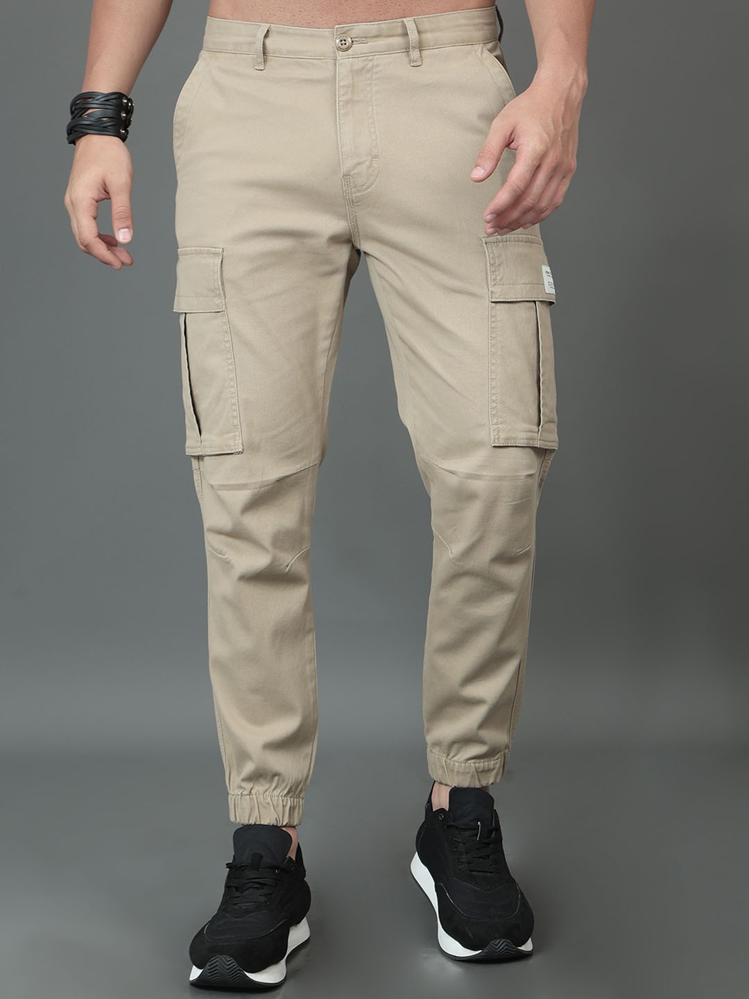 

HERE&NOW Men Slim Fit Cotton Cargos Trousers, Khaki