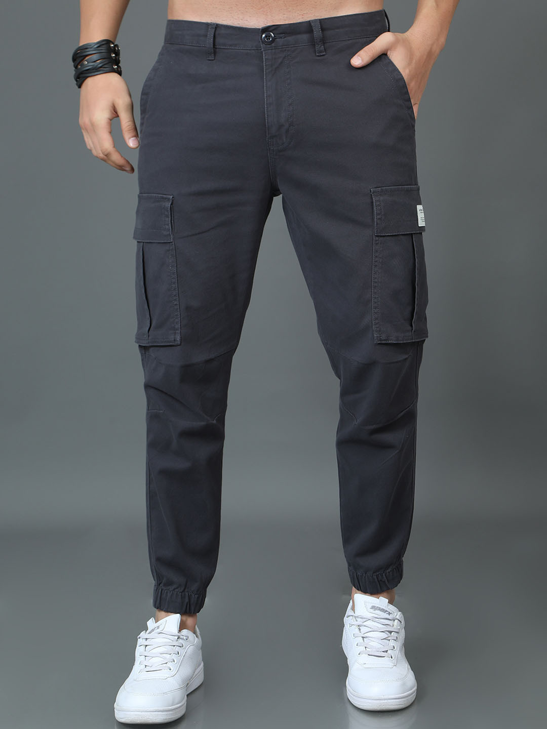 

HERE&NOW Men Slim Fit Cotton Joggers Trousers, Grey