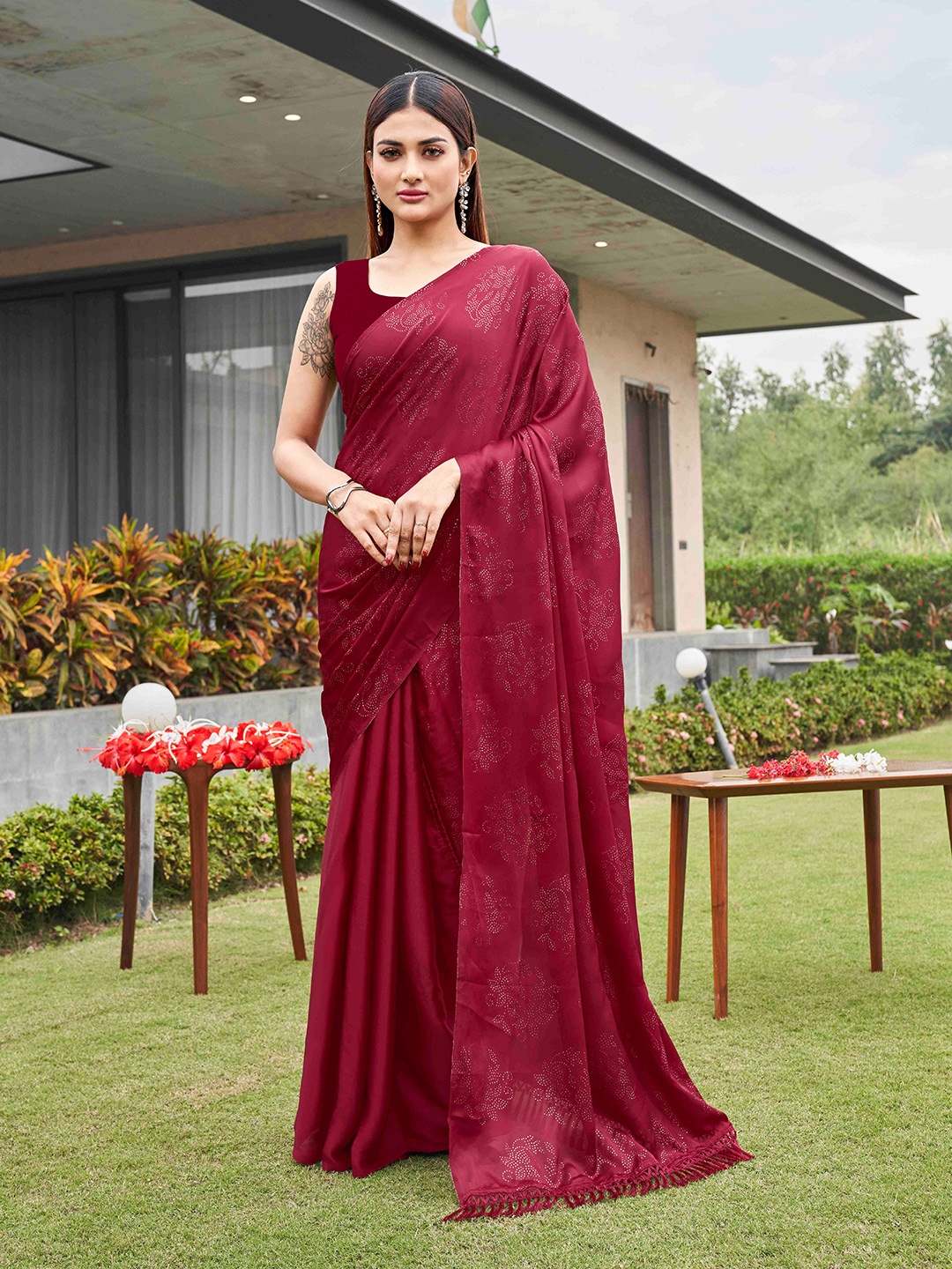 

Tikhi Imli Embellished Half and half Satin Saree With Tassels, Maroon
