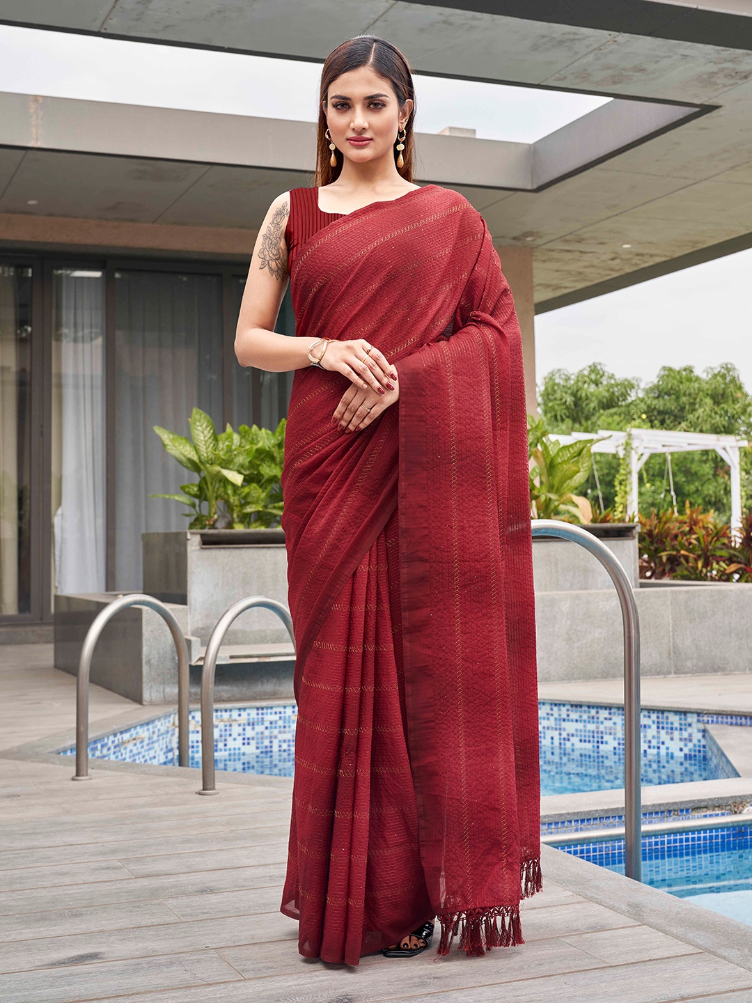 

Tikhi Imli Maroon Embroidered Embellished Saree