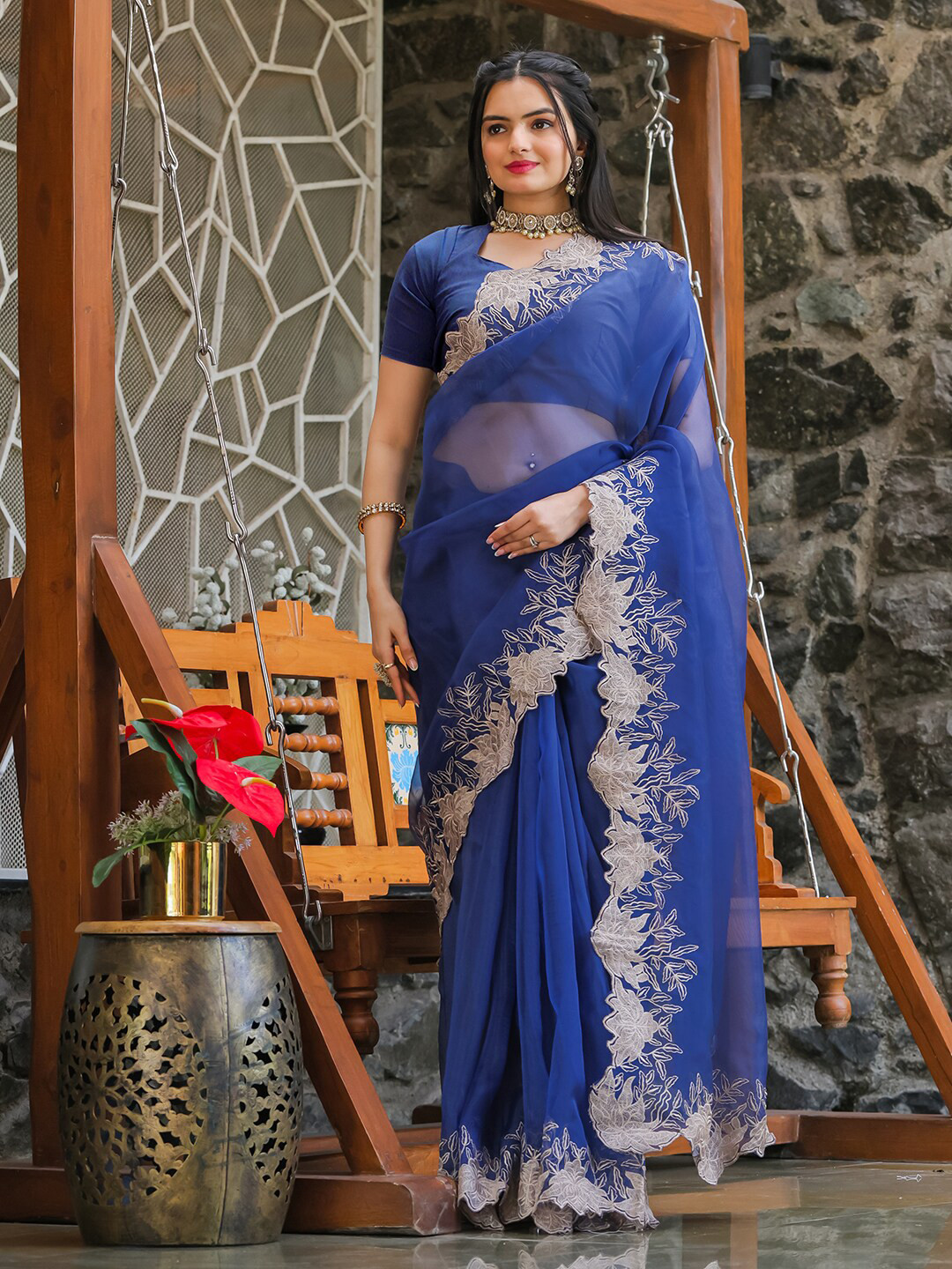 

Tikhi Imli Blue Embroidered Organza Saree