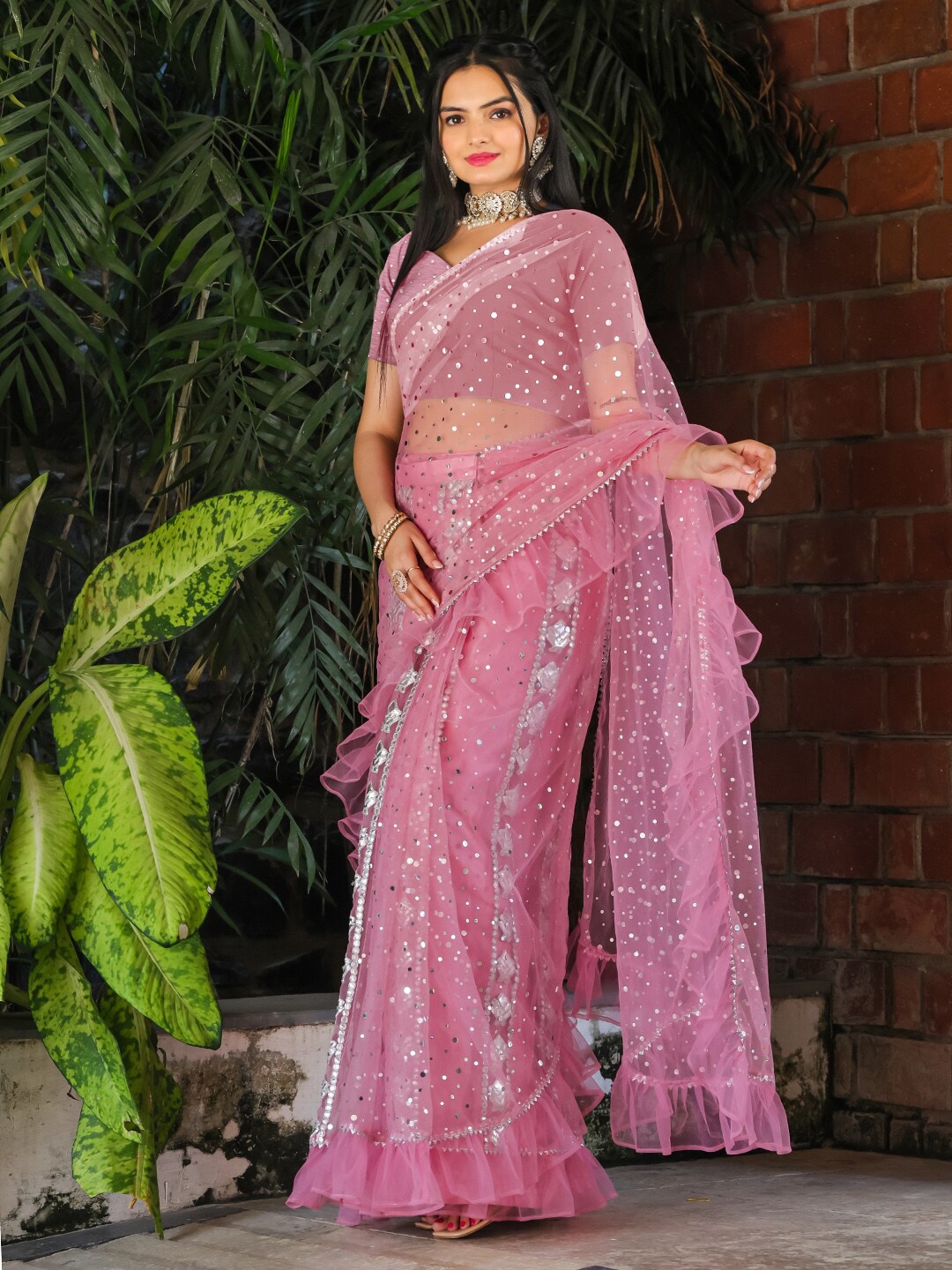 

Tikhi Imli Embellished Mirror Work Net Ready To Wear Saree, Pink