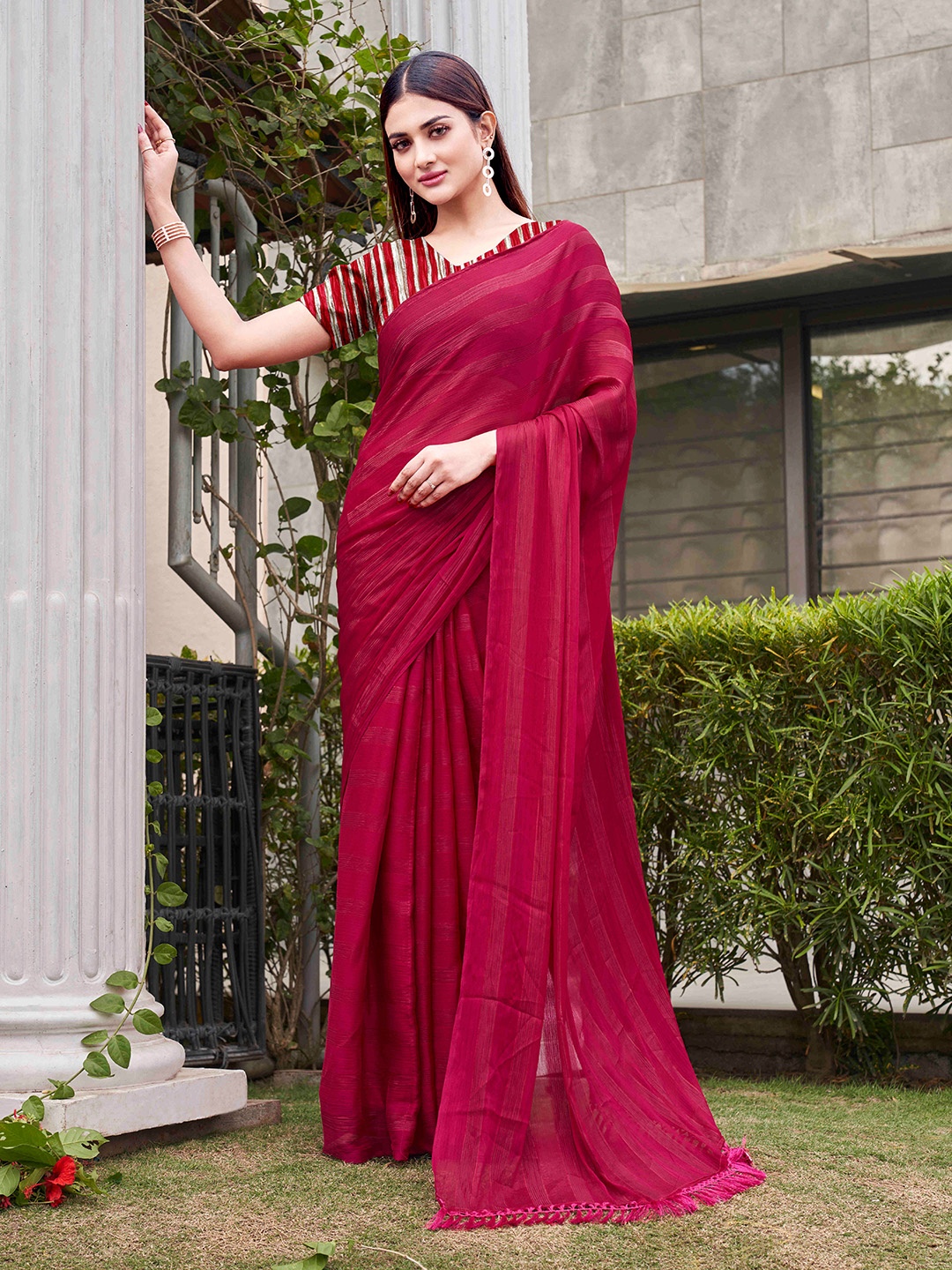 

Tikhi Imli Striped Satin Ready to Wear Saree, Pink