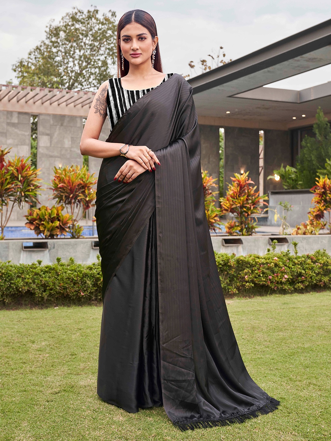 

Tikhi Imli Striped Satin Ready to Wear Saree, Black
