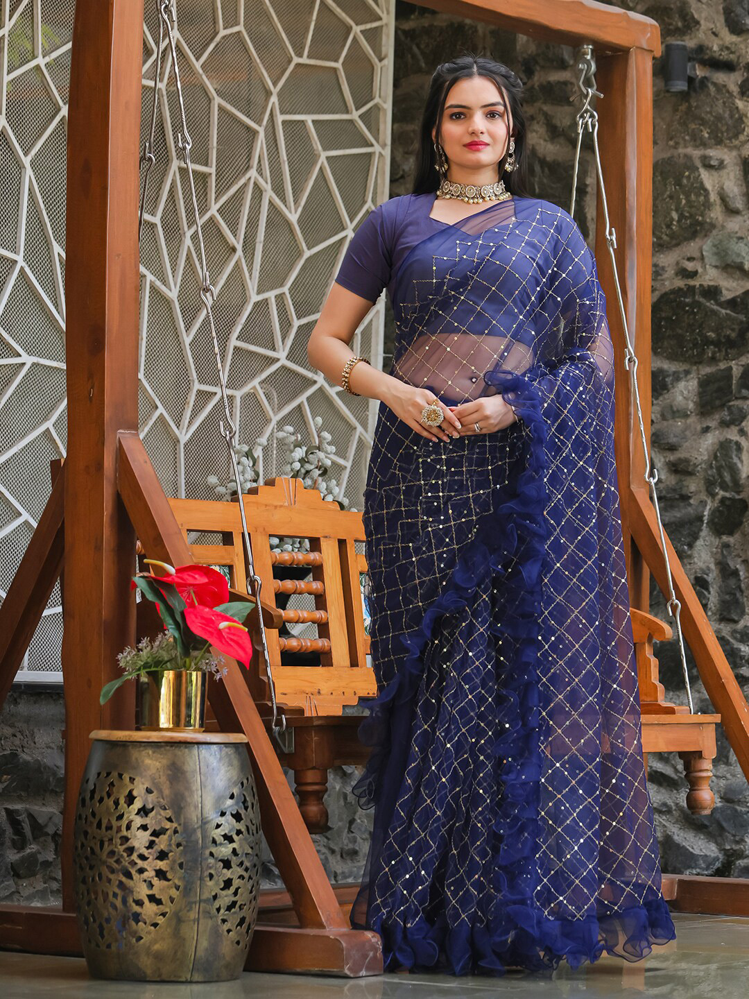 

Tikhi Imli Navy Blue Sequinned Embellished Ruffles Net Saree