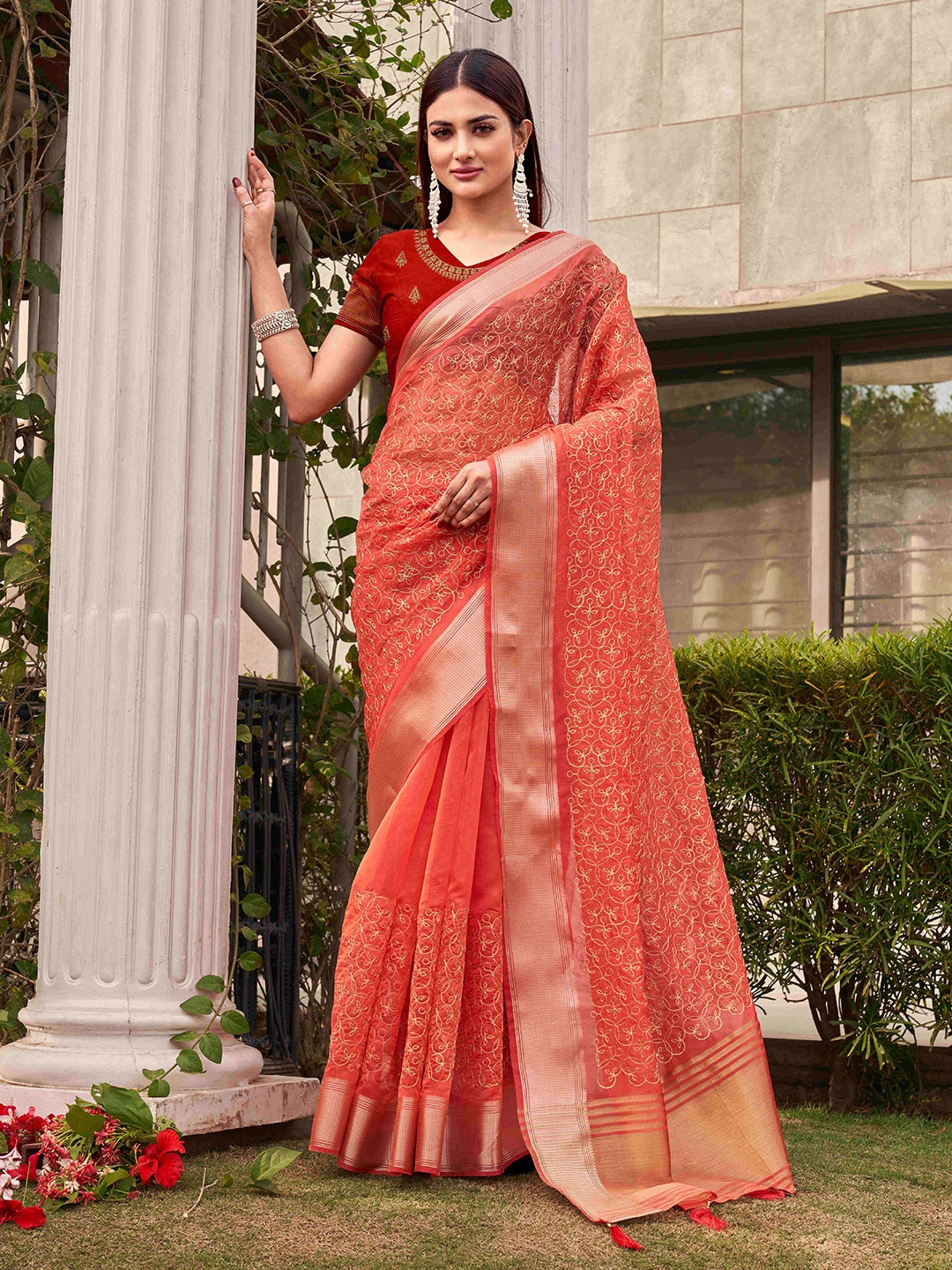 

Tikhi Imli Floral Embroidered Organza Heavy Work Saree, Peach