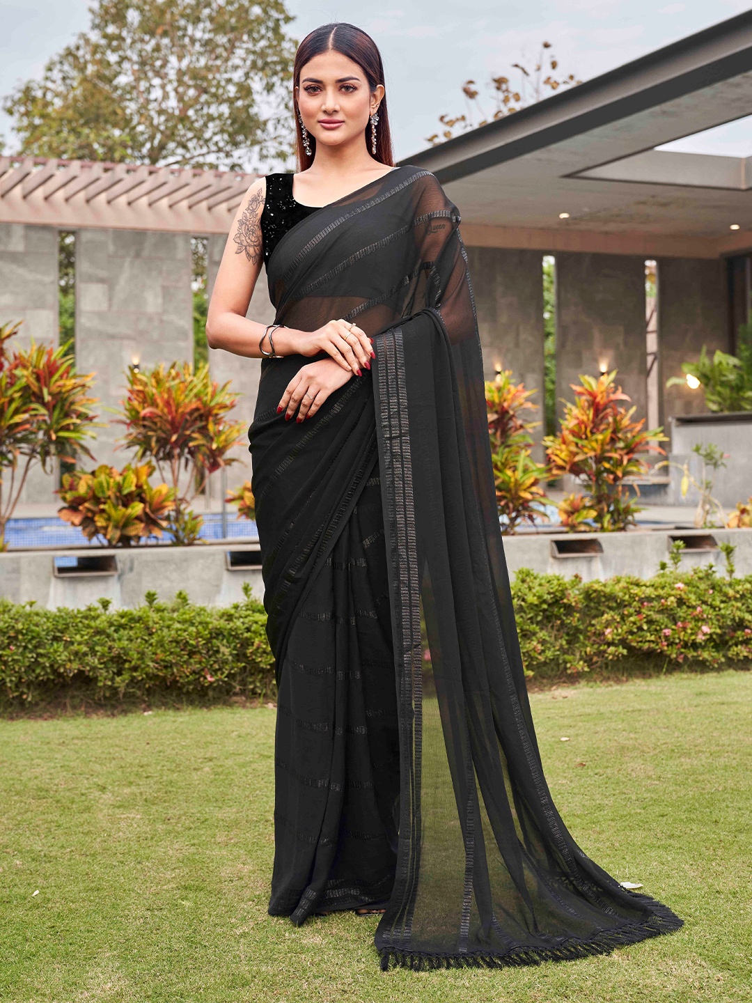 Tikhi Imli Black Striped Sequinned Saree