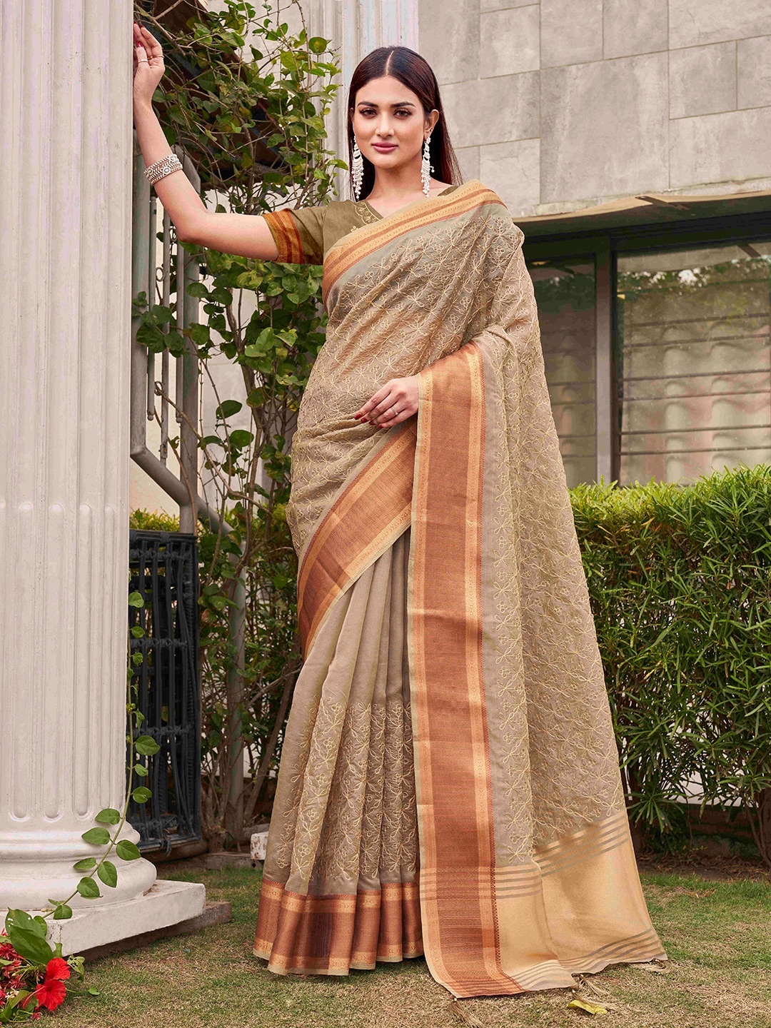 

Tikhi Imli Embellished Embroidered Organza Saree, Brown