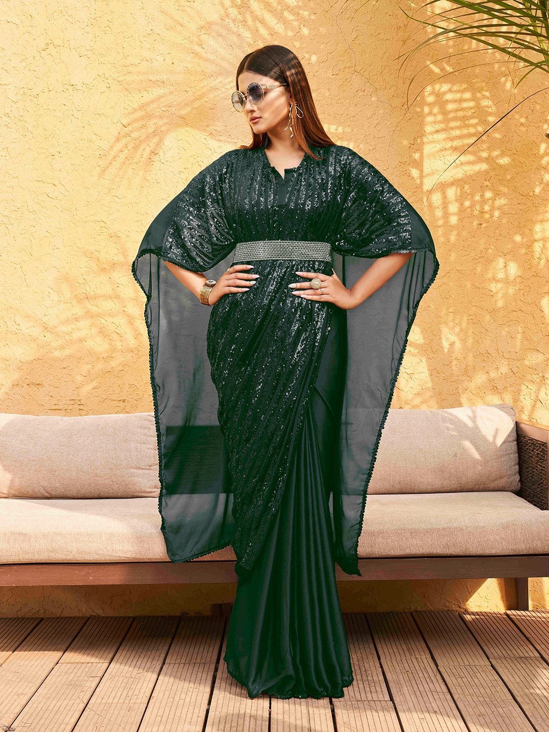 

Tikhi Imli Embellished Sequinned Satin kaftan Saree with Belt, Green