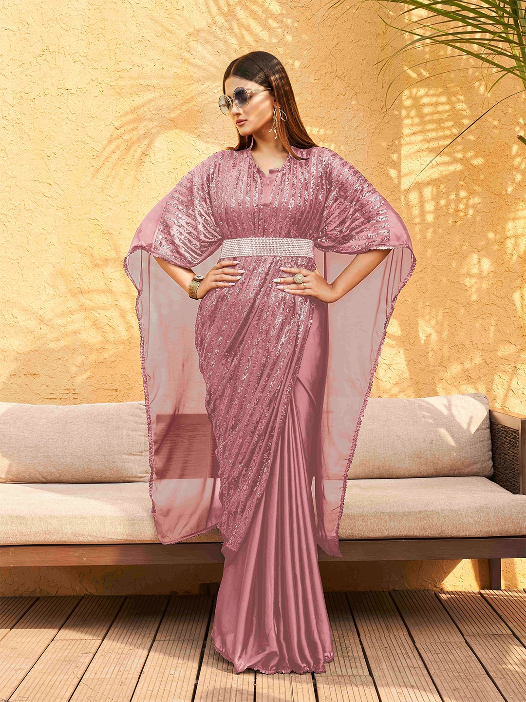 

Tikhi Imli Embellished Sequinned Satin kaftan Saree with Belt, Rose gold