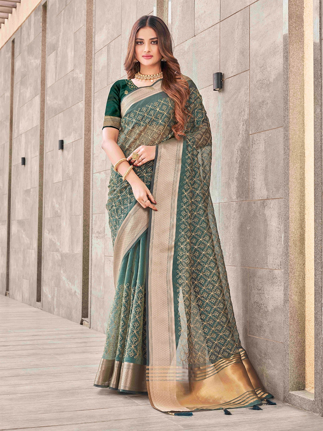 

Tikhi Imli Olive Floral Embroidered Zari Organza Saree