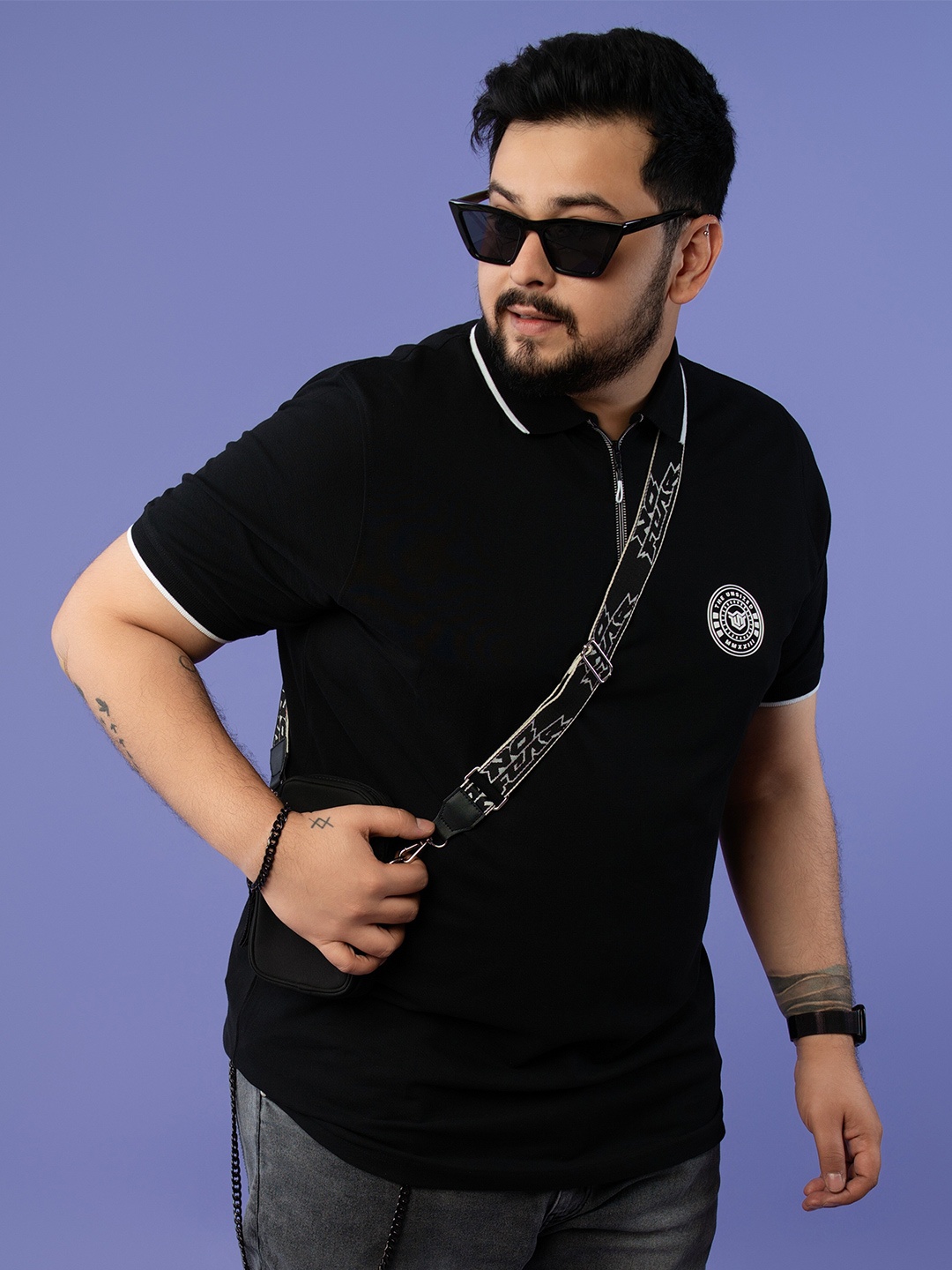 

UNSIZED Polo Collar Short Sleeves Raw Edge T-shirt, Black