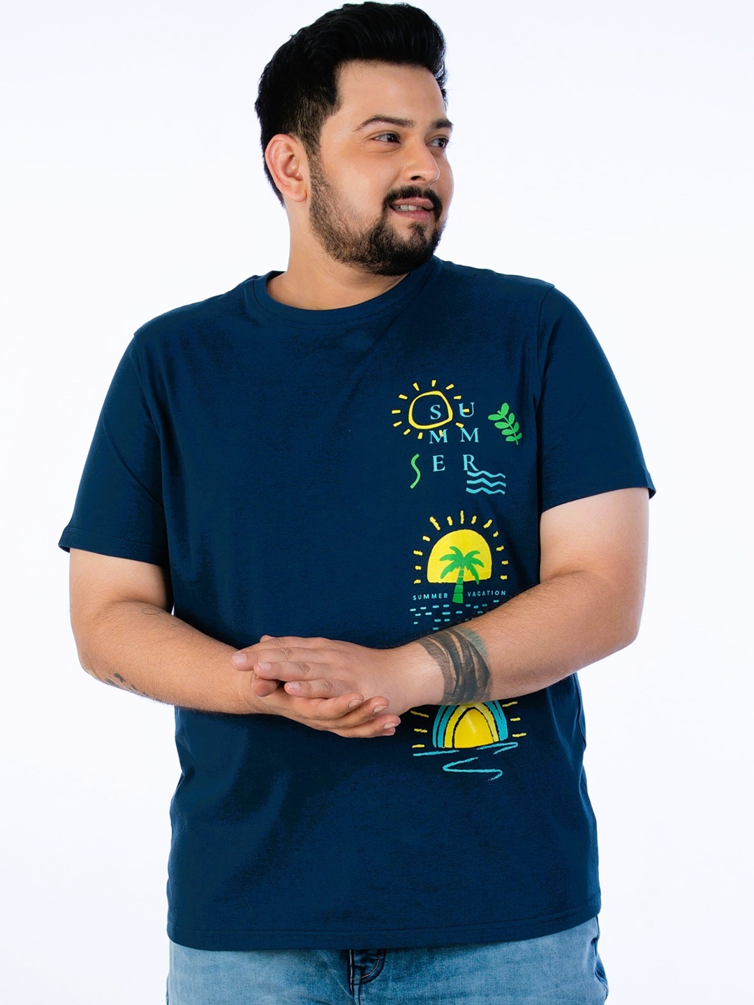 UNSIZED Printed Round Neck Short Sleeves Cotton T-shirt, Navy blue