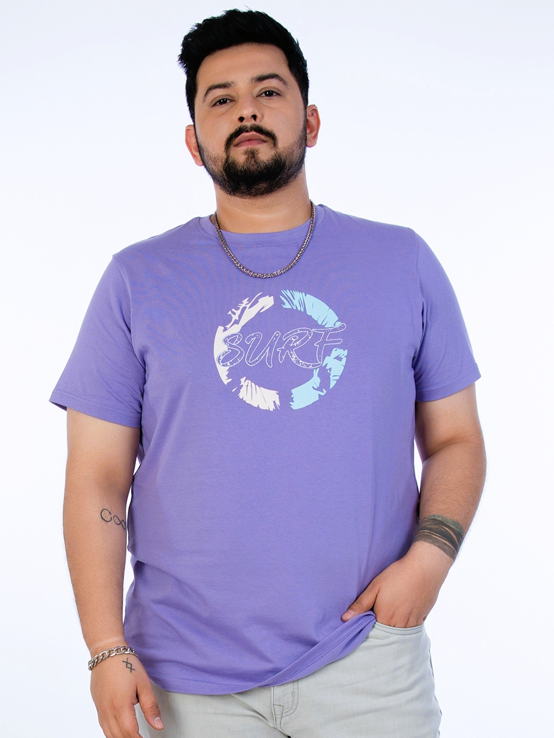 

UNSIZED Graphic Printed Round Neck Cotton T-shirt, Purple