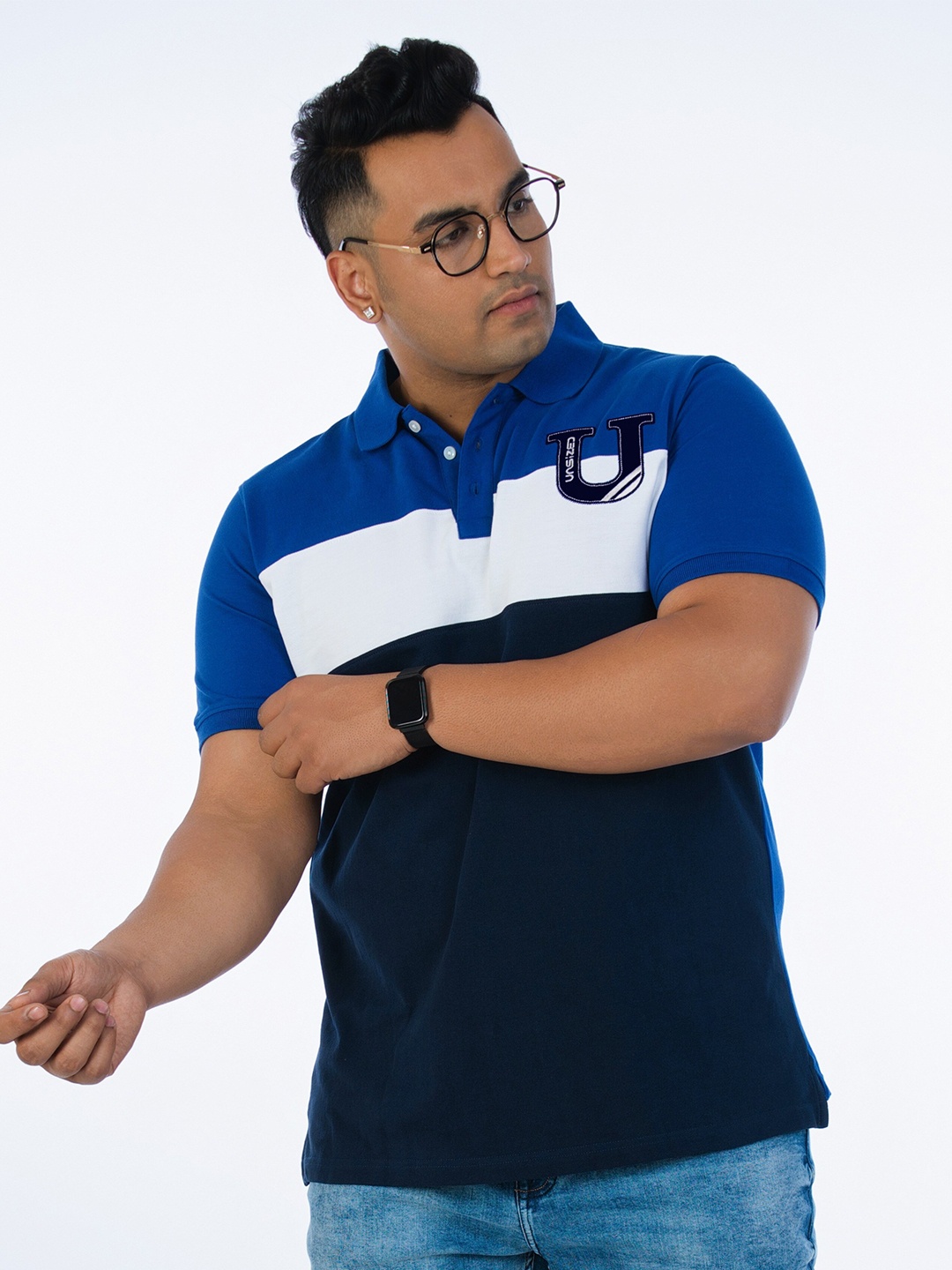 

UNSIZED Colourblocked Polo Collar Applique Cotton T-shirt, Blue