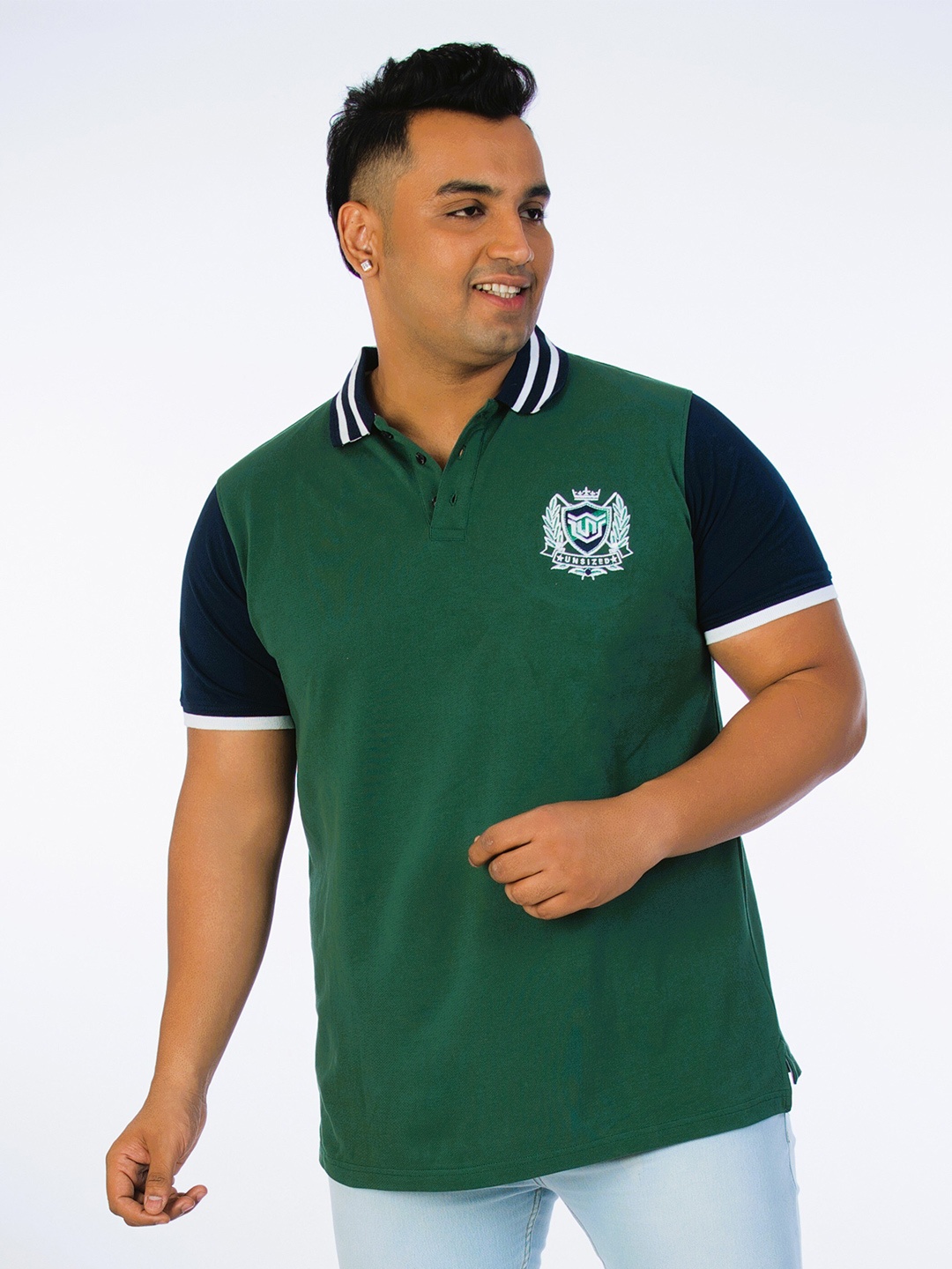 

UNSIZED Colourblocked Polo Collar Applique Cotton T-shirt, Green
