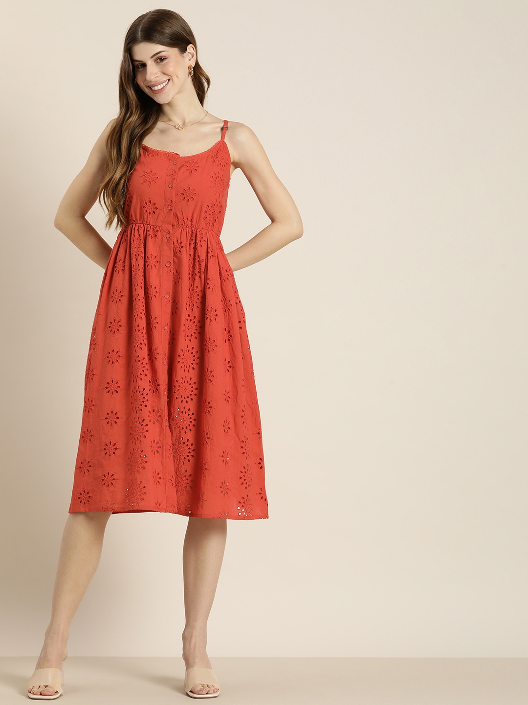 

HERE&NOW Schiffli Fit & Flare Dress, Red