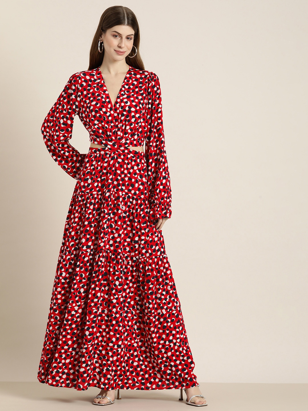 

HERE&NOW Abstract Printed Puff Sleeve Maxi Dress, Red